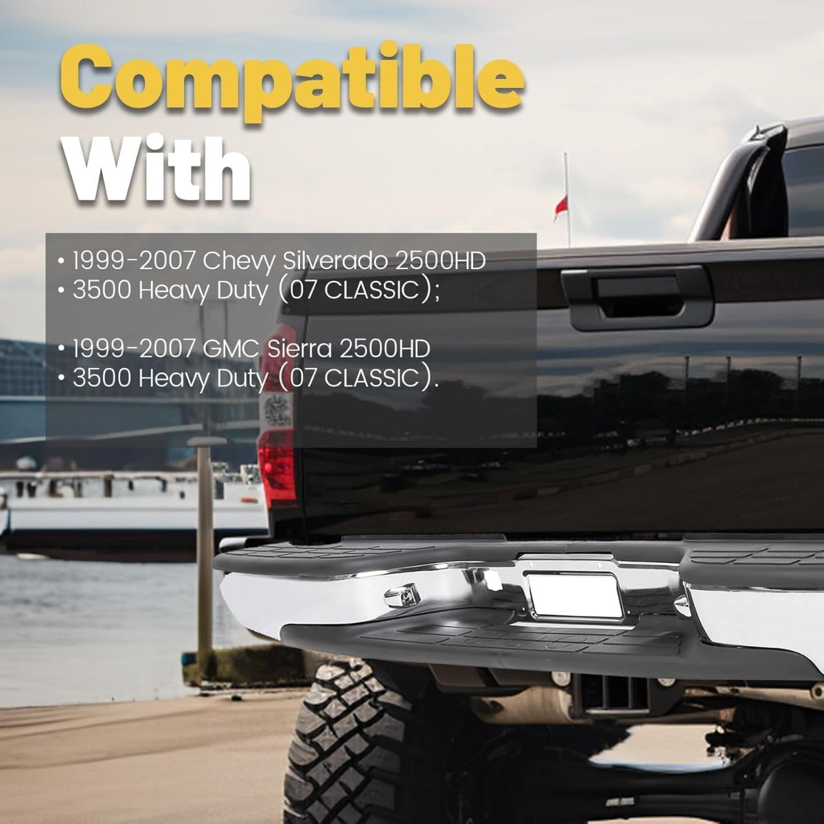 Rear Step Bumper for 1999-2007 Chevy Silverado & GMC Sierra 2500HD 3500HD w/ License Plate Lights LYAM-285S