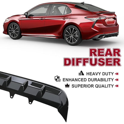 ALMULOO Rear Diffuser Compatible with 2018-2023 Toyota Camry SE XSE & 2018-2020 Camry Hybrid SE XSE, Shark Fin Style Rear Bumper Lip Splitter Valance Spoiler, Black Painted PP Plastic