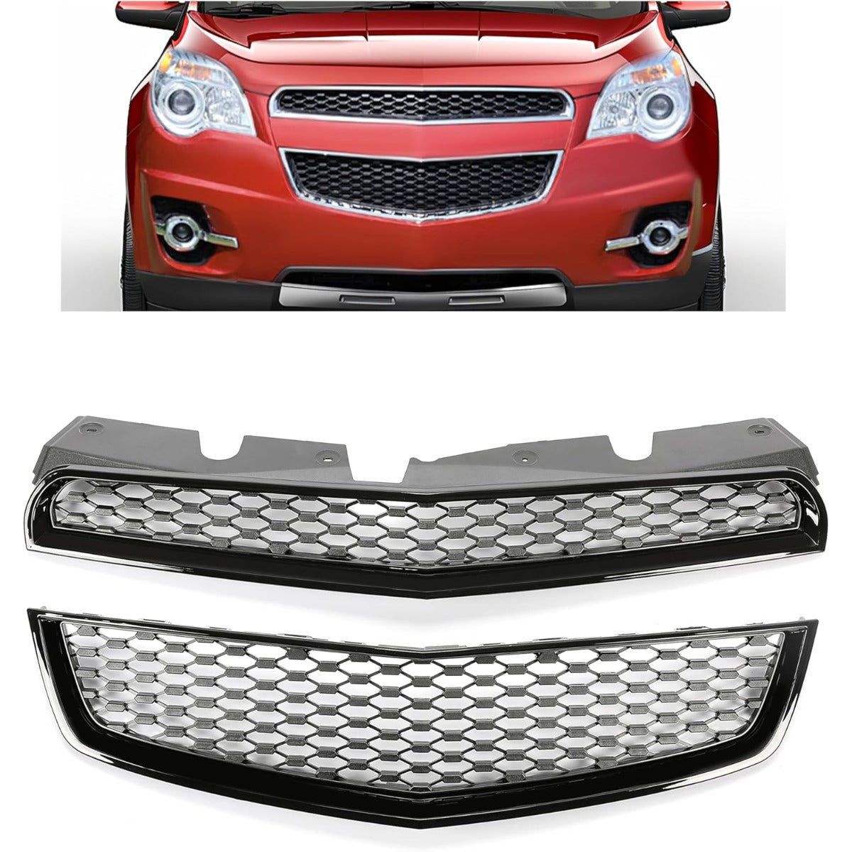 Upper & Lower Grille Compatible with 2010-2015 Chevrolet Chevy Equinox Replacement for 25798744 25798747 GM1200622 GM1200621 Black Chrome Grille Assembly