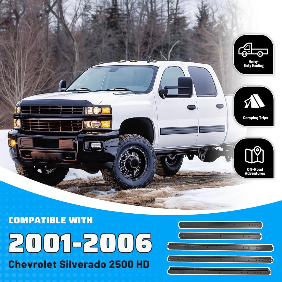 Truck Bed Crossmember Repair Kit Compatible with 2001-2006 Chevrolet Silverado 2500 HD Floor Support Rails Electrophoresis Steel Black