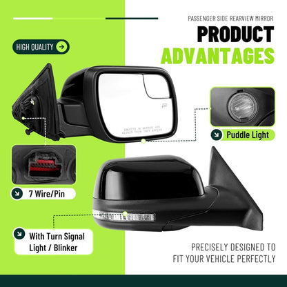 ECOTRIC Passenger Side Mirror w/Puddle Heated Turn Signal Light Compatible with 2011-2019 Ford Explorer Replacement for FO1321554 7Pins