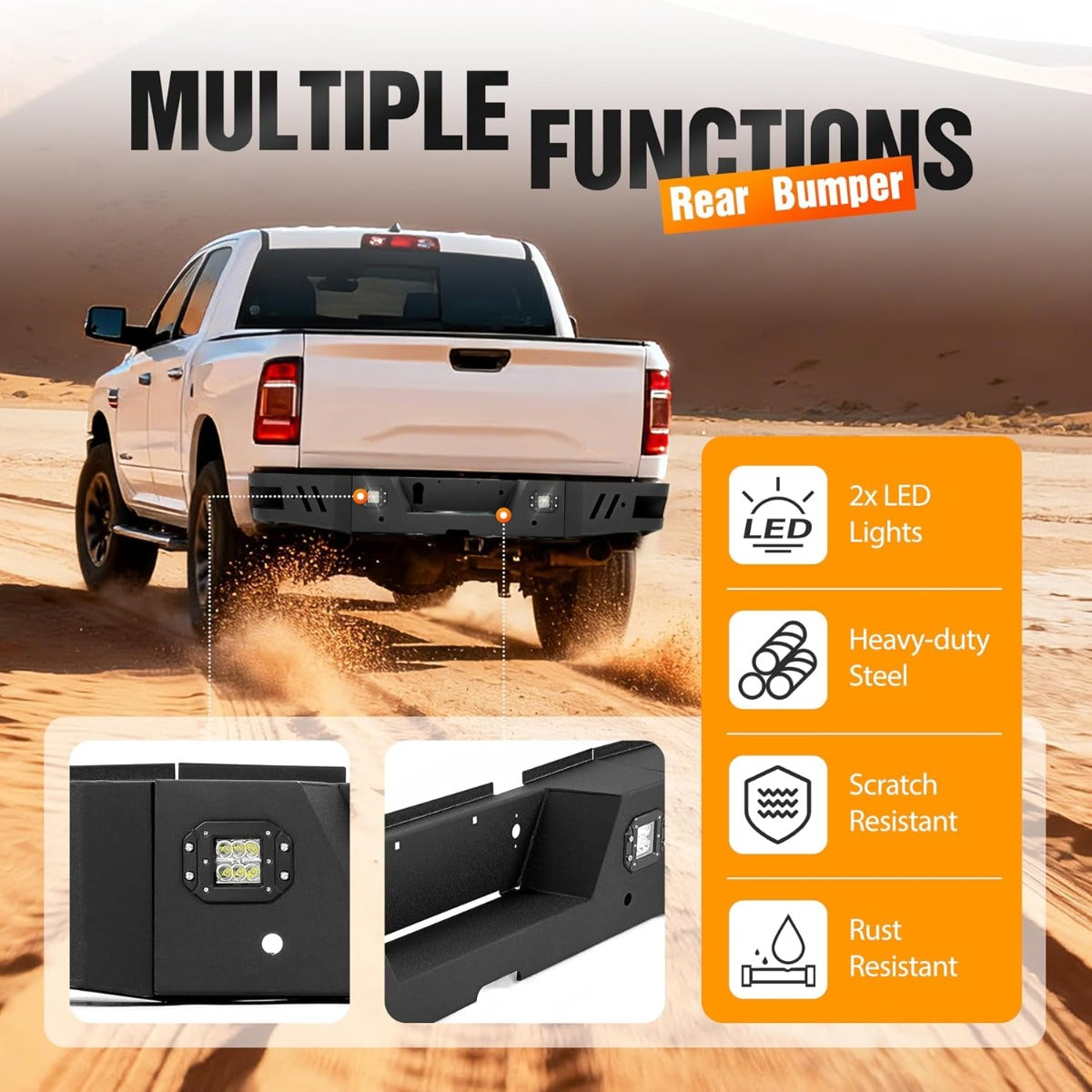 ALMULOO Rear Bumper Set of 3 pieces. Compatible with 2010-2024 Dodge Ram 2500 and 3500 models equipped with 2 x 18W LED lights