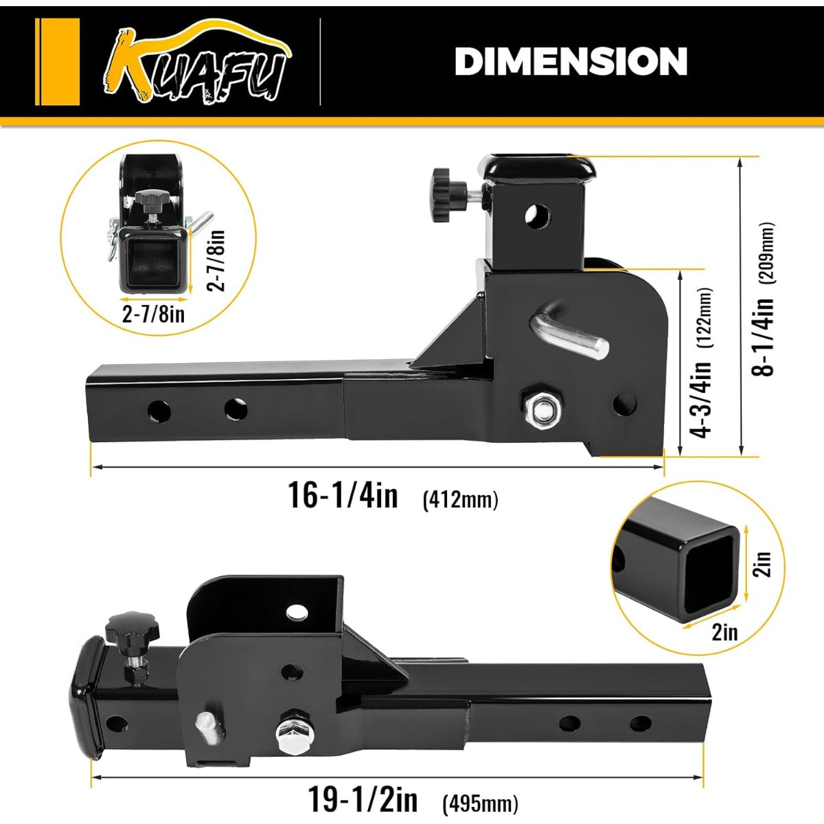 2" Folding Hitch Adapter (Trailer Hitch Folding Extender) with 16.3" Length Compatible with 2 Inch Trailer Hitch Extension Shank Mount Cargo Wheelchair Carrier Adapter 500lbs Weight Capacity