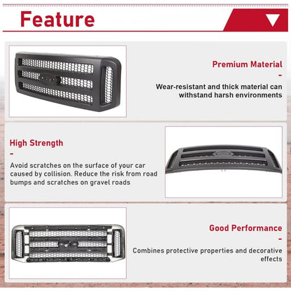 Front Grille Compatible with 2005-2007 Ford F250 F350 F450 F550 Super Duty Excursion Upper Bumper Hood Grill Painted Black Replacement for FO1200457 5C3Z8200BAA