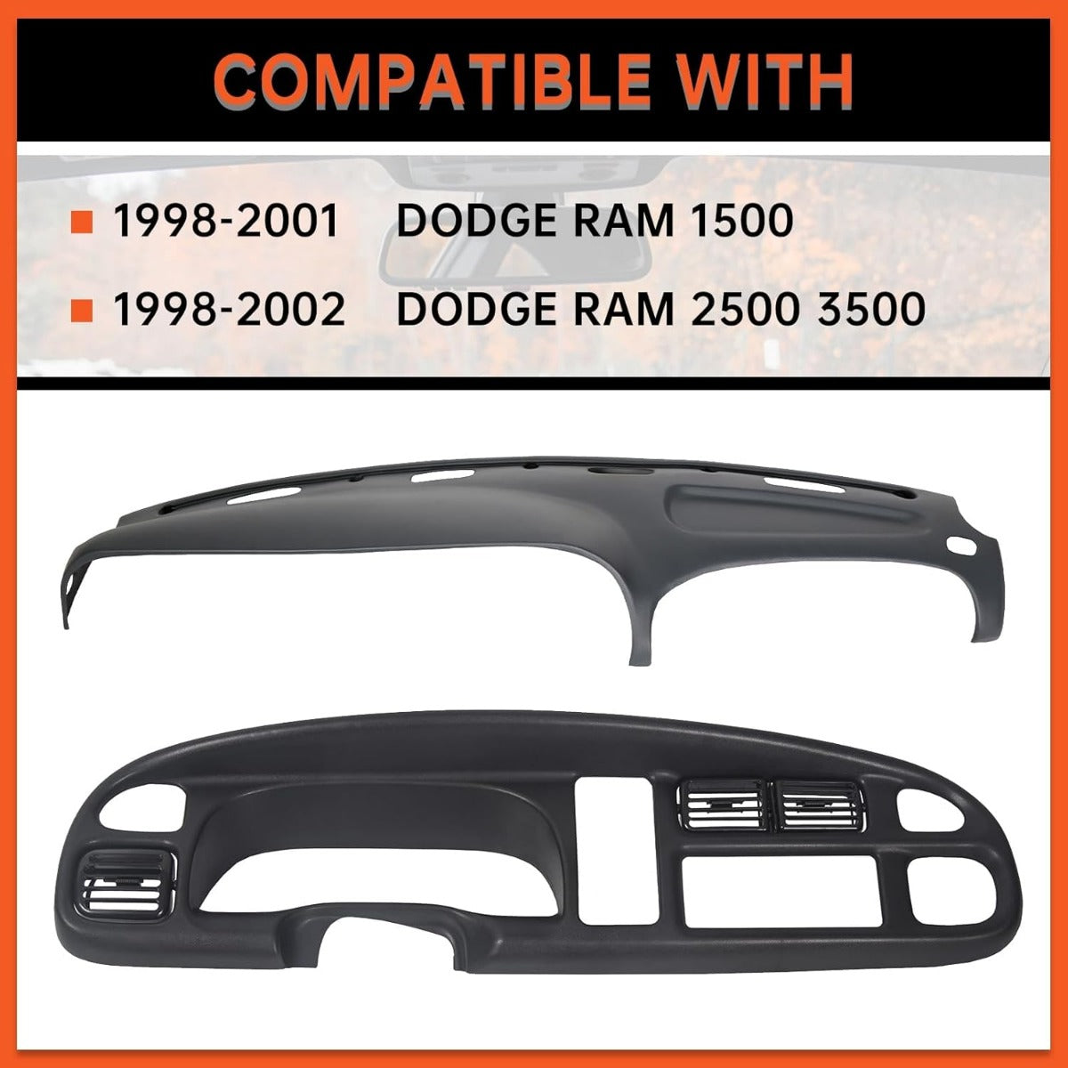 Dash & Bezel Cover Compatible with 1998-2002 Dodge Ram 1500 2500 3500 Trucks Black Dash Pad Cap Bezel W/Vents & Grey Dashboard Overlay Cover Instrument (You Will Receive 2 Packages) LYAP-299S-2+LYAP-267T-2