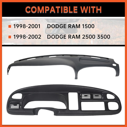 Dash & Bezel Cover Compatible with 1998-2002 Dodge Ram 1500 2500 3500 Trucks Black Dash Pad Cap Bezel W/Vents & Grey Dashboard Overlay Cover Instrument (You Will Receive 2 Packages) LYAP-299S-2+LYAP-267T-2