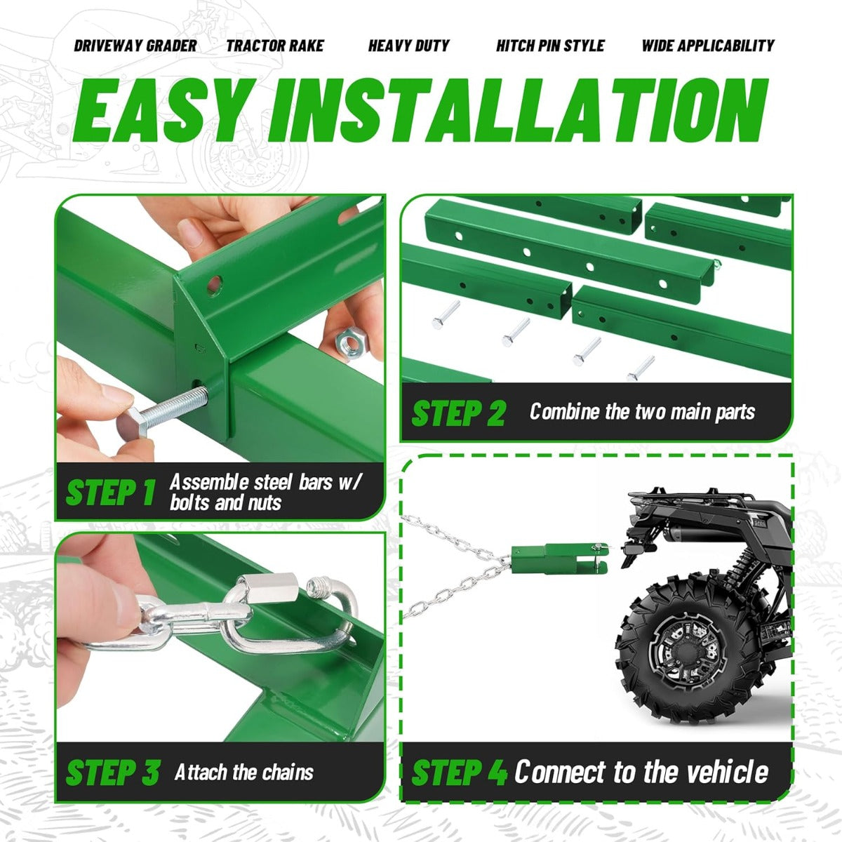 8FT Drag Harrow Driveway Grader Heavy Duty Tow Behind Drag Lawn Leveling Rake for UTV ATV Tractor Mower Land Leveler Lawn Leveling Rake W/ 6FT Chain (Green)