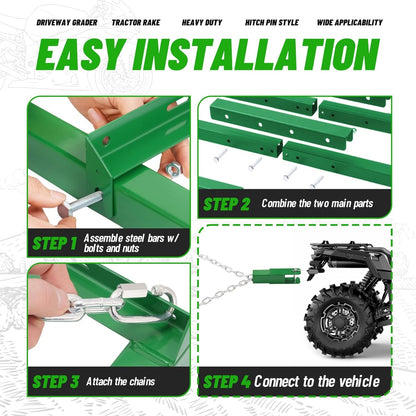 8FT Drag Harrow Driveway Grader Heavy Duty Tow Behind Drag Lawn Leveling Rake for UTV ATV Tractor Mower Land Leveler Lawn Leveling Rake W/ 6FT Chain (Green)