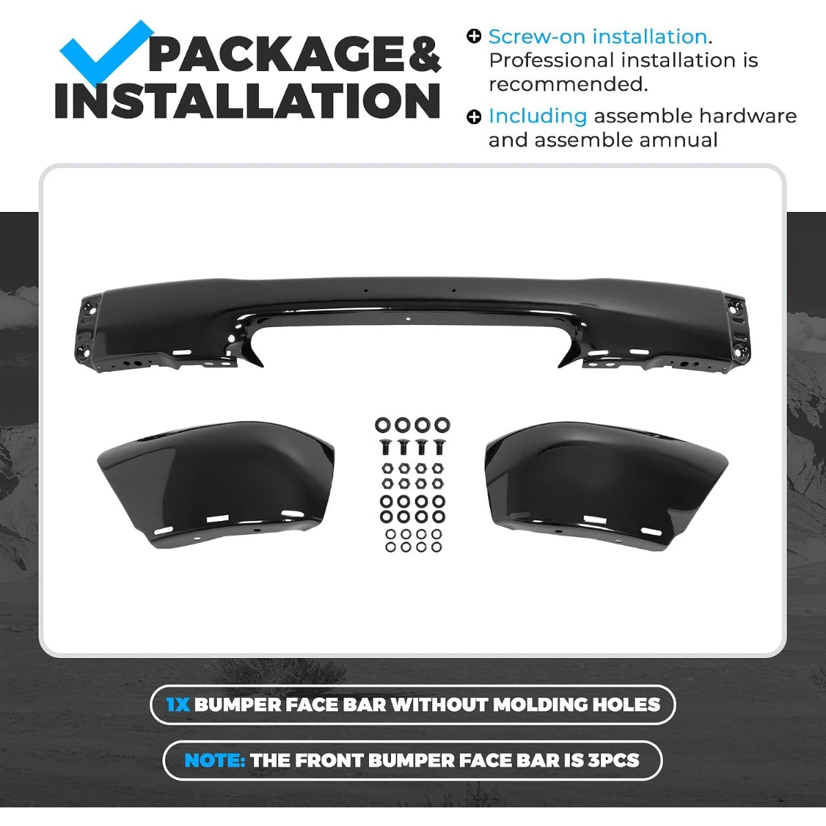 ALMULOO Front Bumper(3Pcs) Compatible with 1998-2000 Ford Ranger W/O Molding Holes Replace For FO1002347, XL5Z17757APTM, YL5Z17757AAA Steel Powder Coated