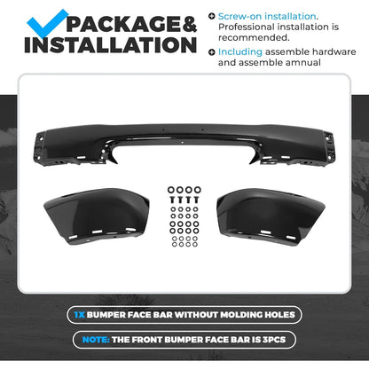 ALMULOO Front Bumper(3Pcs) Compatible with 1998-2000 Ford Ranger W/O Molding Holes Replace For FO1002347, XL5Z17757APTM, YL5Z17757AAA Steel Powder Coated