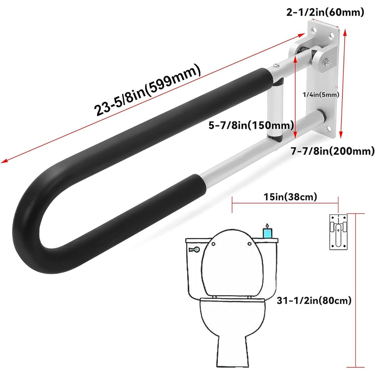 HECASA Toilet Grab Bar 23.6 Inch Flip Up Handicap Grab Bars Rails Folding Support for Elderly Disabled Pregnant Woman Bathroom Shower Safety Toilet Safety Rail