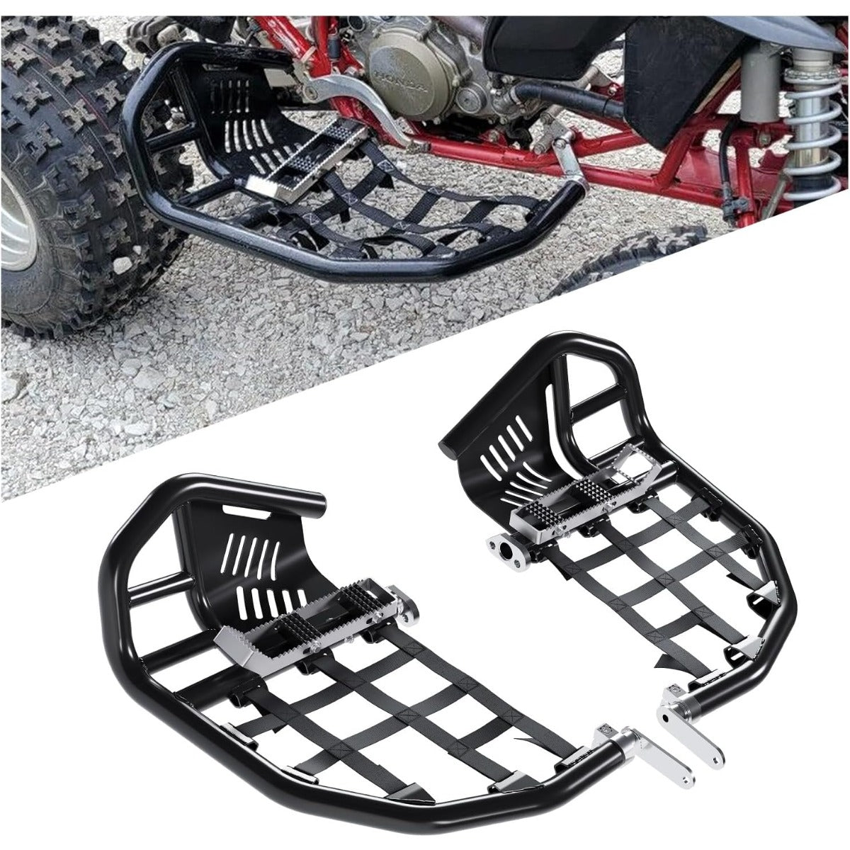 Nerf Bars Foot Pegs Compatible with All Years Honda 400EX 400X (Silvery Nerfs & Black Nets)
