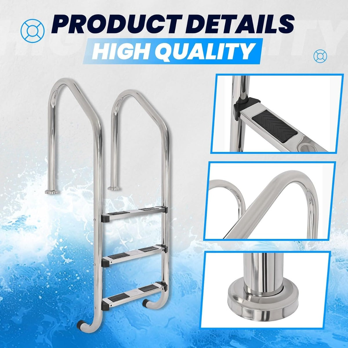 HECASA 3 Step Swimming Pool Ladder with Anti-Slip Pads for Indoor/Outdoor | In-Ground Pool 300LBS Capacity Easy to Assemble and Climb 304 Stainless Steel