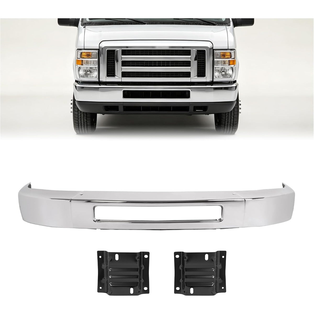 ALMULOO Front Bumper Face Bar+Bracket Compatible with 2008-2014 Ford E-150/E-250 & 2008-2019 Ford E-350/E-450 Super Duty Replace 8C2Z17757B/8C2Z17B884A/8C2Z17B883A/FO1002410/FO1066176/FO1067176
