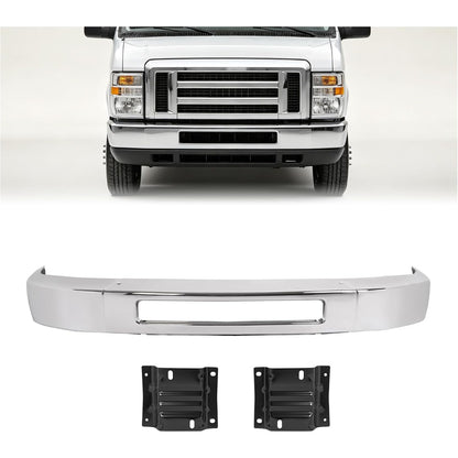 ALMULOO Front Bumper Face Bar+Bracket Compatible with 2008-2014 Ford E-150/E-250 & 2008-2019 Ford E-350/E-450 Super Duty Replace 8C2Z17757B/8C2Z17B884A/8C2Z17B883A/FO1002410/FO1066176/FO1067176