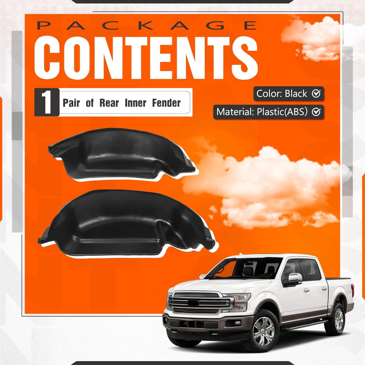 ECOTRIC Rear Inner Fender Compatible with 2015-2020 Ford F-150 King Ranch, Lariat, Limited, Platinum, SSV, XL, XLT Wheel Well Guards Mud Guard Flaps Plastic(ABS) Black