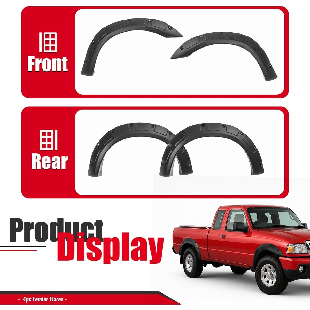 4Pcs Fender Flares Compatible with 1993-2011 Ford Ranger Exclude FX4 Submodels, 3Pieces Per Fender Flares Plastic(PP&TD20) Textured Black