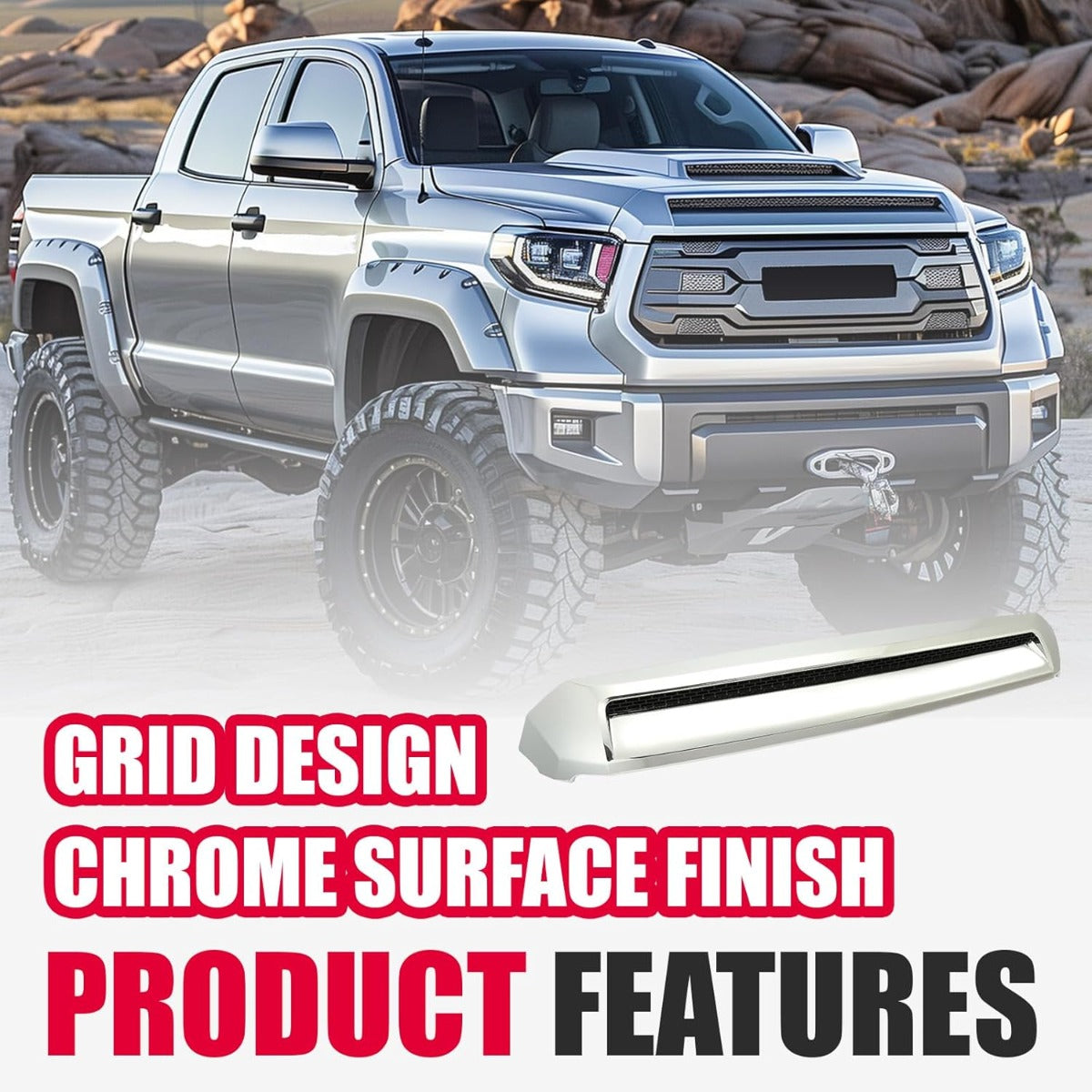 Hood Molding Compatible with 2014-2021 Toyota Tundra Hood Scoop Chrome Platinum  LYAP-075T-CStyle Silver Front Upper Grille Replacement for 761800C030 TO1231102 REPT133702