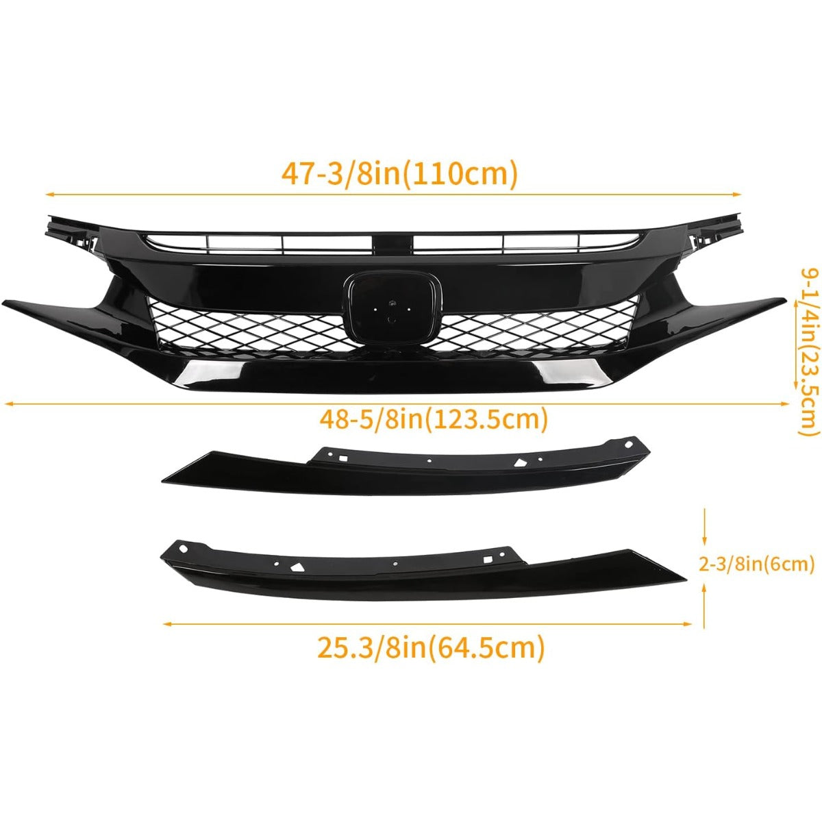 Front Bumper Mesh Grille Compatible with 2019-2021 Honda Civic Type R Style Replacement for 71125-TEY-Y01, 71121-TBA-A51, HO1200241 Glossy Black Hood Mesh Grill w/ 2Pcs Eyebrows ABS Plastic
