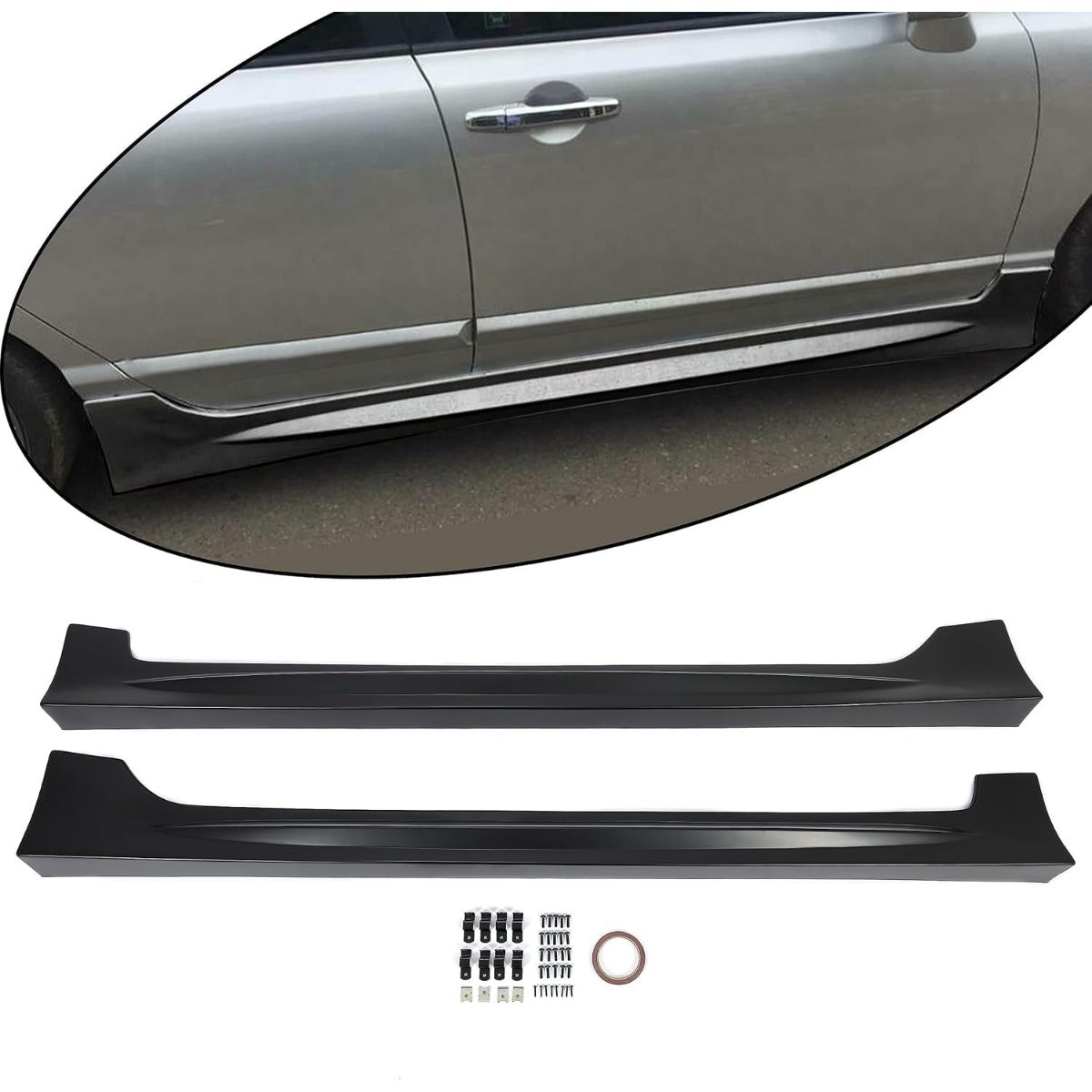 Side Skirts Extension Replacement Compatible with 2006-2011 Honda Civic 4 Door Sedan Black Bottom Side Line Rocker Panels Guard Body Kit RR Style