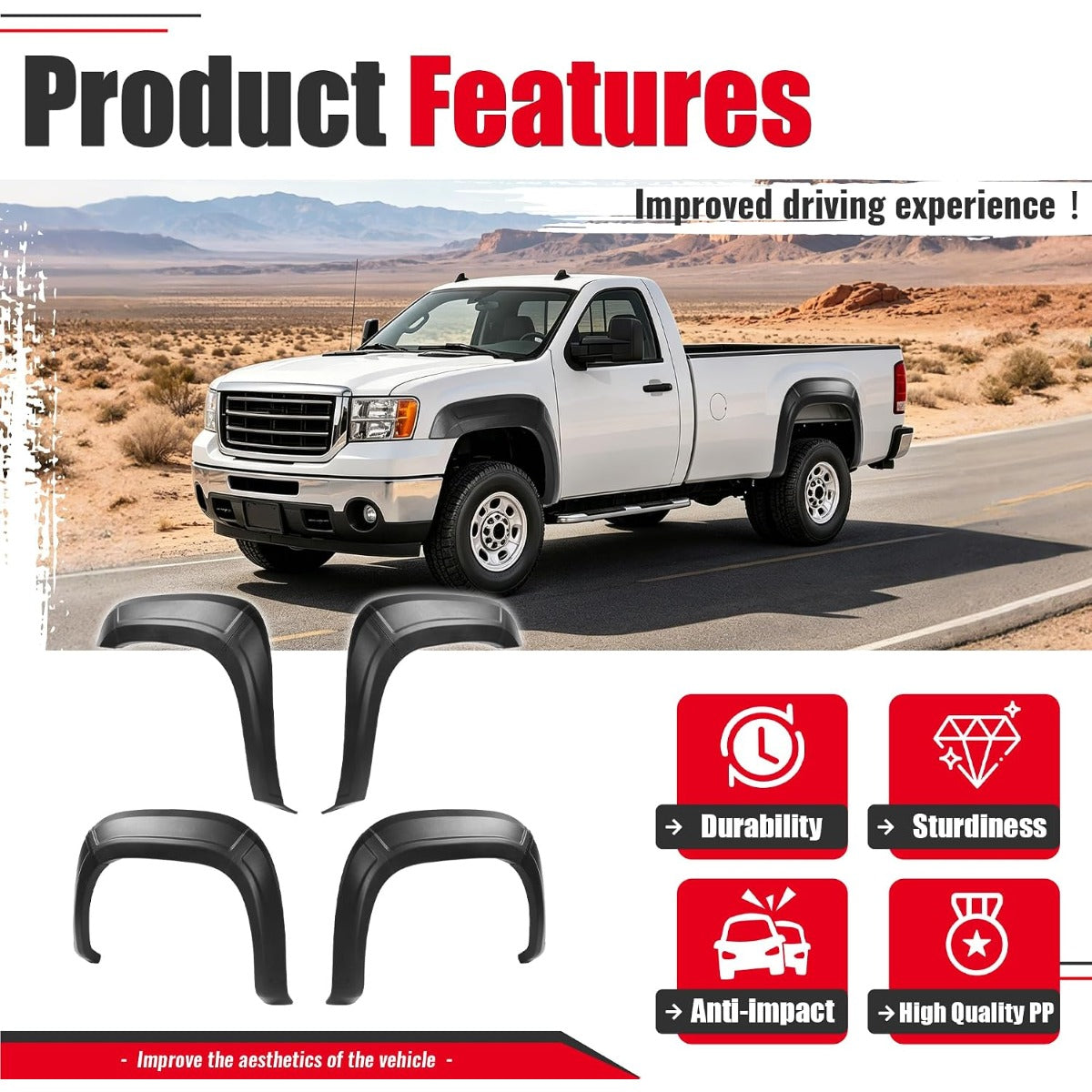 4Pcs Fender Flares Compatible with 2007-2013 GMC Sierra 1500 2500HD 3500HD 6'6" bed Front & Rear Wheel Cover Protector Plastic(PP) Textured Black