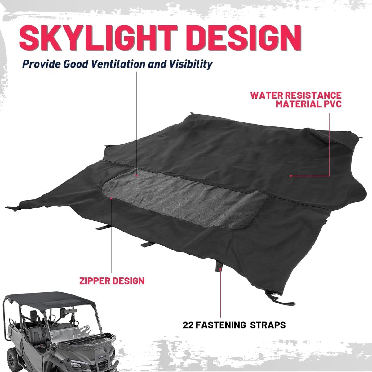 Soft Roof Top Compatible with 2016-2024 Honda Pioneer 1000-5 5P Roof Top with Zipper Mesh Window, Soft Top Sunshade UTV Accessories Shade Top Plastic Black