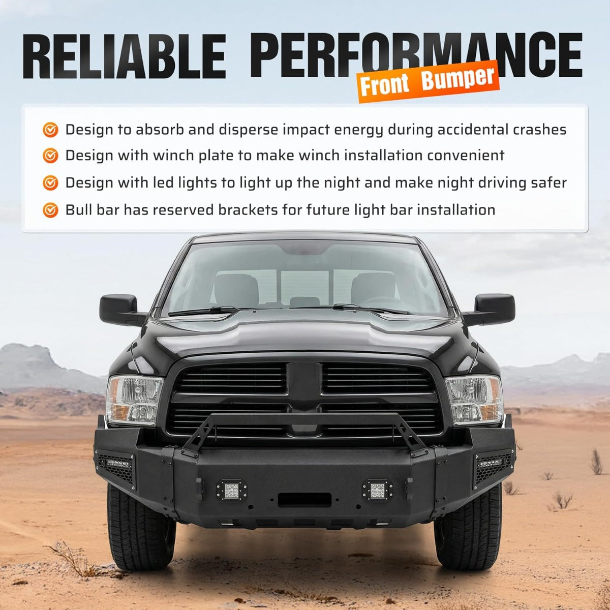 ALMULOO Front Bumper Compatible with 2009-2012 Dodge Ram 1500 w/Winch Plate, LED Lights & Bull Bar Steel Powder Coated(2 Packages)