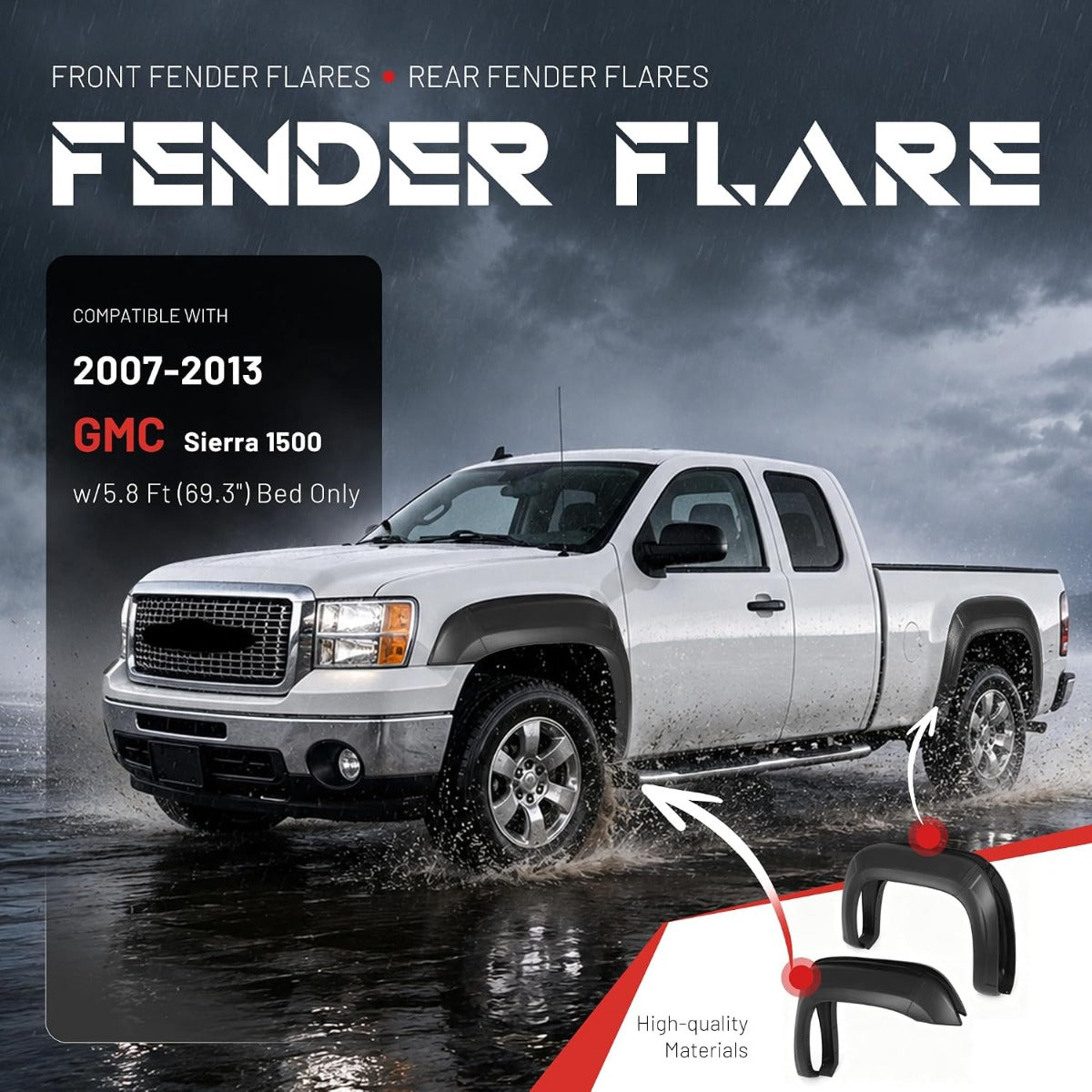 10Pcs Fender Flares Compatible with 2007-2013 GMC Sierra 1500 w/5.8 Ft Bed (Short Bed) Only Wheel Arch Covers Plastic(PP) Textured Black 2X2Pcs Front and 2X3Pcs Rear Fender Flares