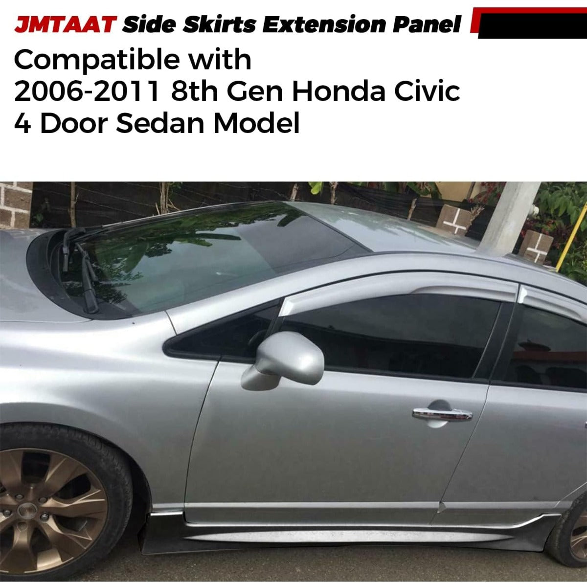 Side Skirts Extension Replacement Compatible with 2006-2011 Honda Civic 4 Door Sedan Black Bottom Side Line Rocker Panels Guard Body Kit RR Style