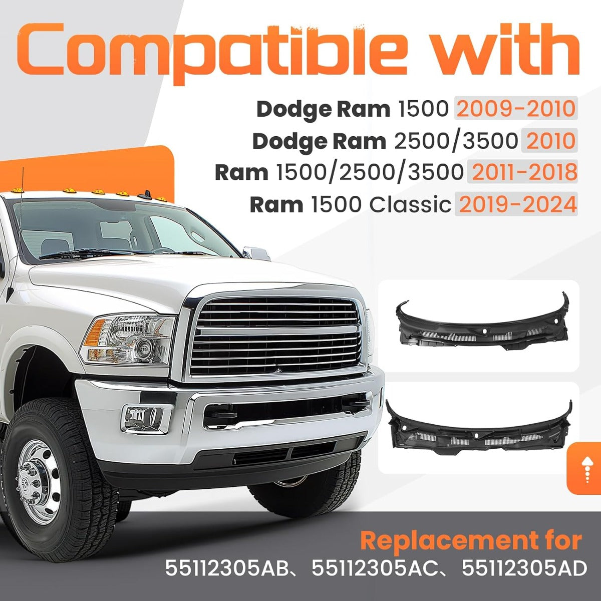 Windshield Wiper Cowl Panel Grille Compatible with 09-18 Ram 1500 | Compatible with 2009-2018 Dodge Ram 1500 2500 3500 & 2019-2024 Ram 1500 Classic; Replacement for 55112305AB 55112305AC