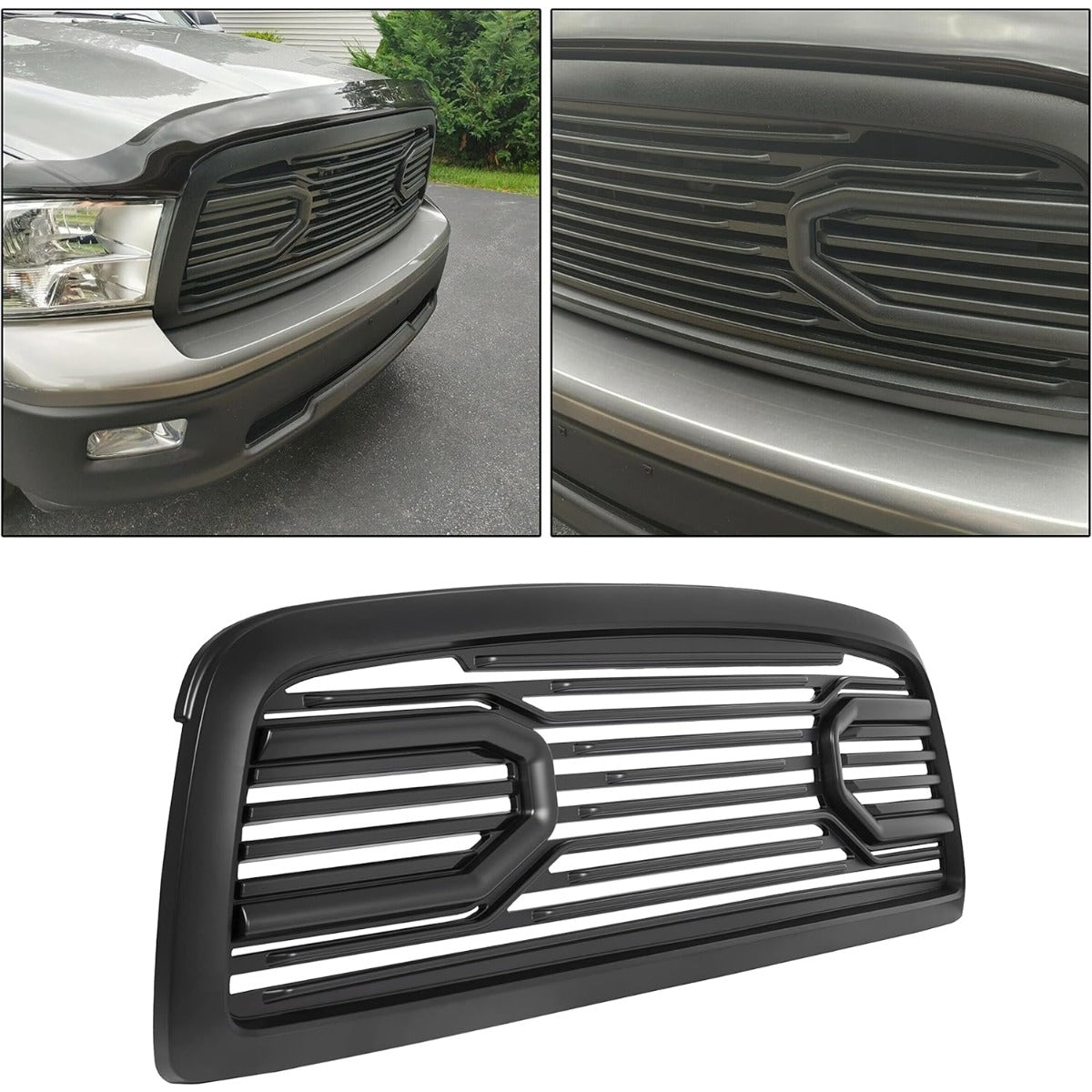 Front Bumper Grill Compatible with 2009-2012 Dodge Ram 1500 Hood Grille Replacement Shell (Black, W/Light)