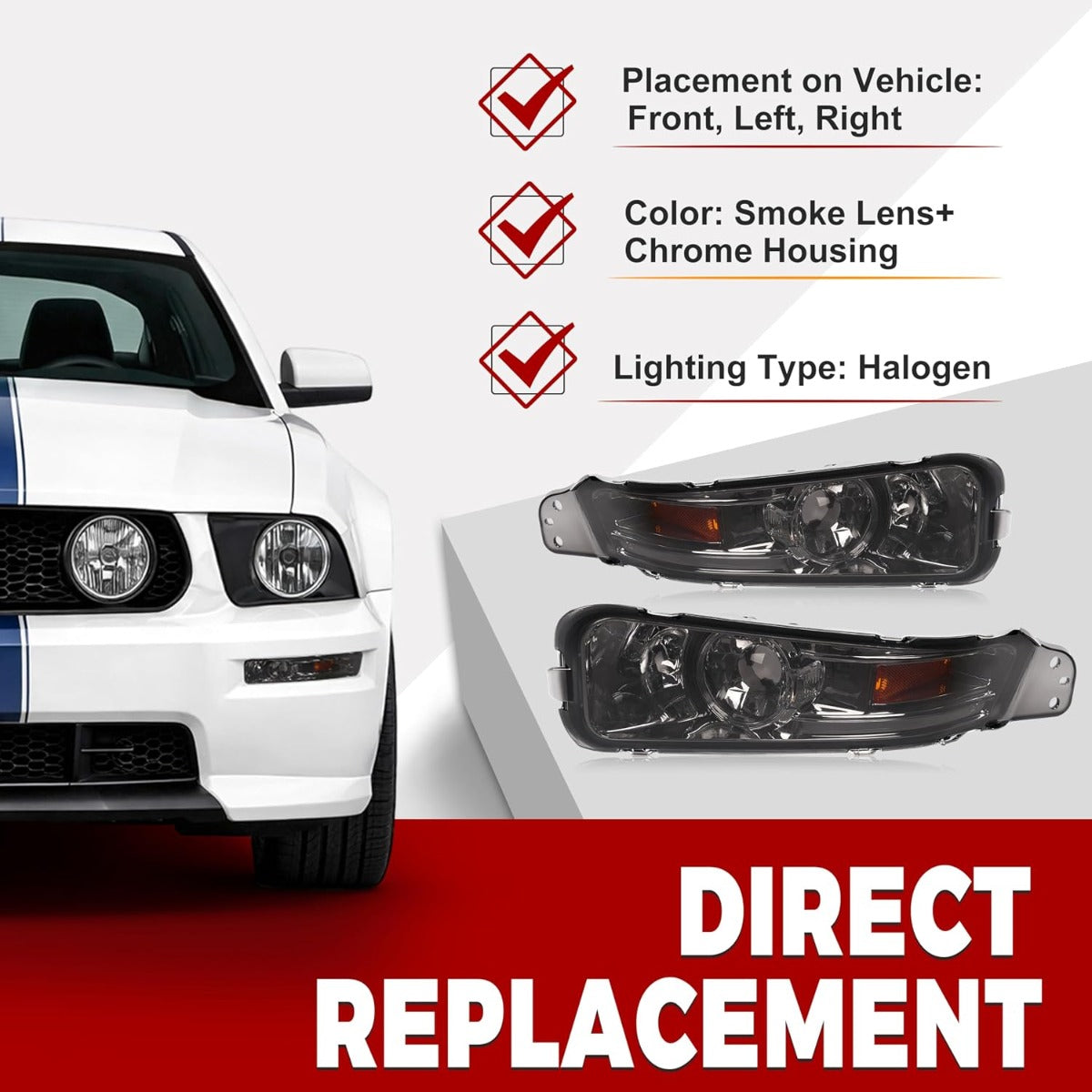 HECASA Pair Turn Signal Lights Compatible with 2005-2009 Ford Mustang Replacement for FO2521180 FO2520180 Front Bumper Lights Side Marker Lamps Plastic Left & Right Side Smoke Lens Chrome Housing