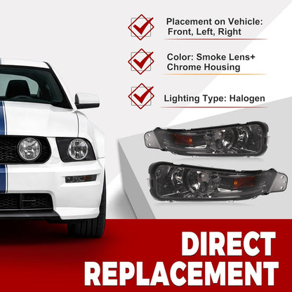 HECASA Pair Turn Signal Lights Compatible with 2005-2009 Ford Mustang Replacement for FO2521180 FO2520180 Front Bumper Lights Side Marker Lamps Plastic Left & Right Side Smoke Lens Chrome Housing