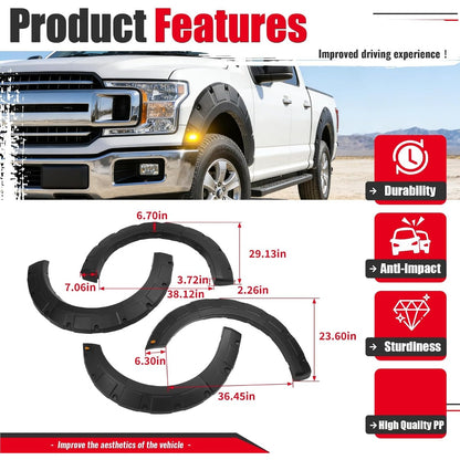4-piece fender flare set for 2018–2020 Ford F-150 | excluding models with Technology Package, 3 pieces per set rivet-style mount plastic (PP) material black textured finish