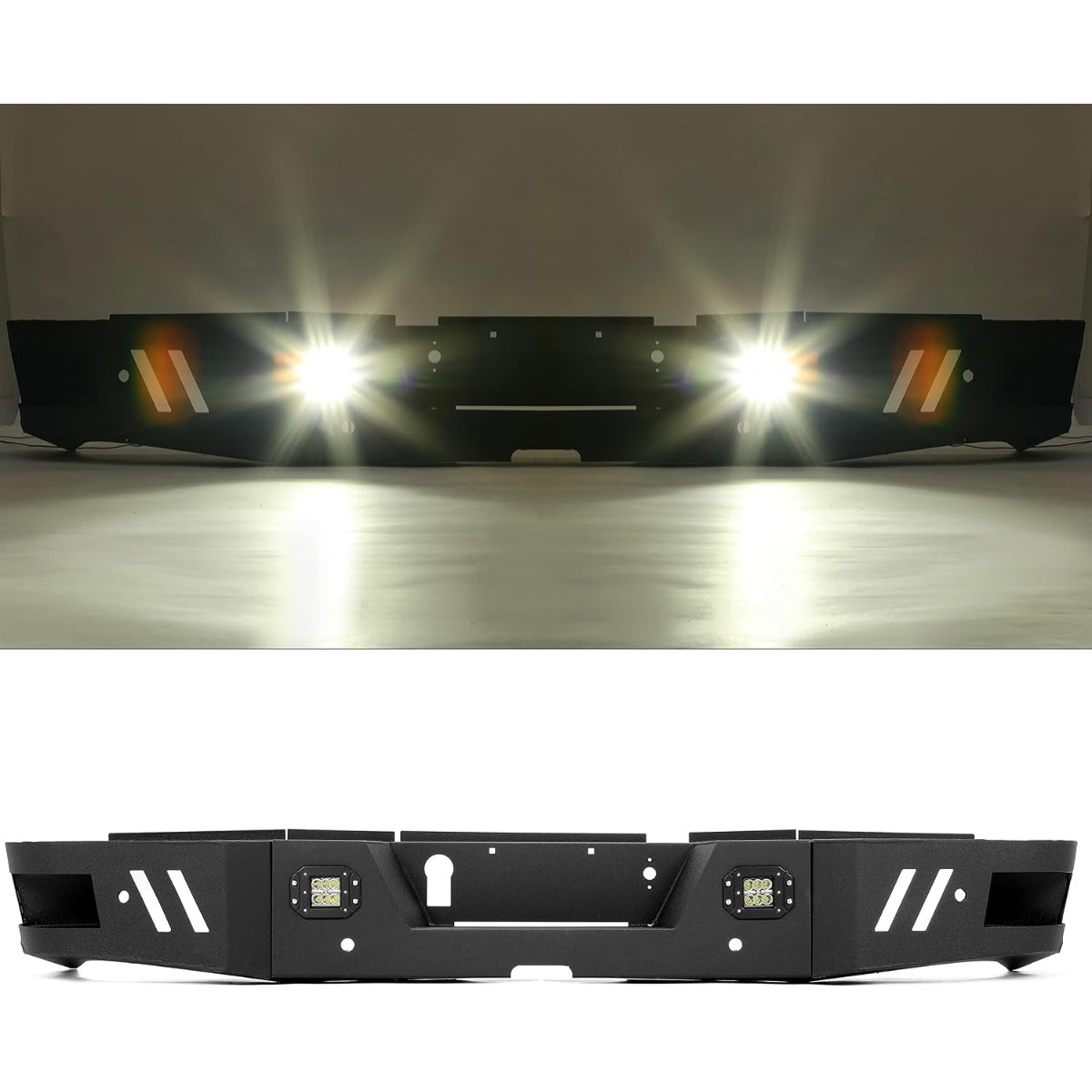 ALMULOO Rear Bumper Set of 3 pieces. Compatible with 2010-2024 Dodge Ram 2500 and 3500 models equipped with 2 x 18W LED lights