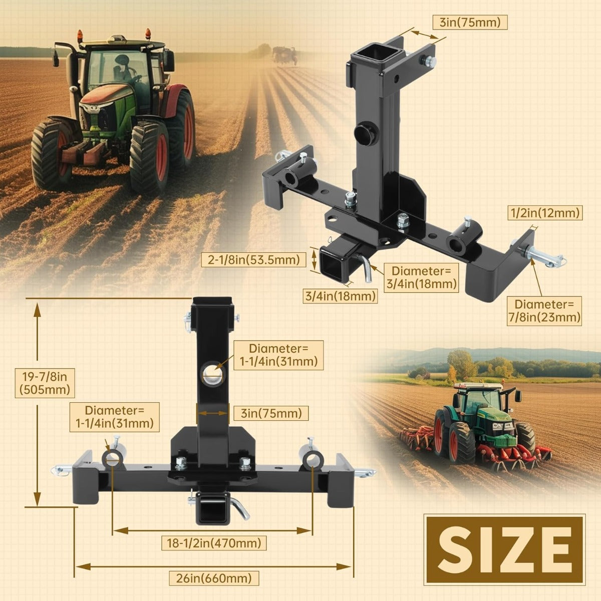 3 Point Hitch Receiver Universal Compatible with Category 1 Tractors Trailer Gooseneck Drawbar Receiver w/Spear Holes Black Steel Powder Coated