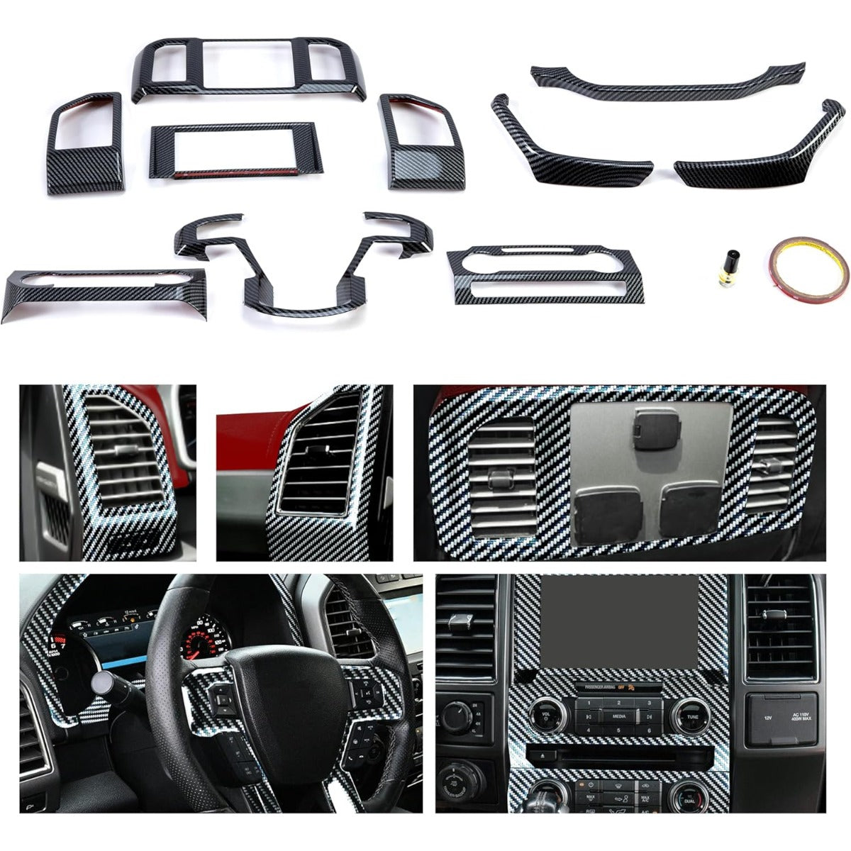 Kojem Interior Center Console Dashboard Trim Compatible with 2015-2020 Ford F150 Steering Carbon Fiber Style Wheel Trim & Navigation Panel Cover