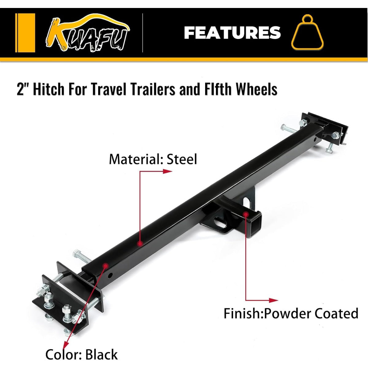 2 Inch Towing Hitch Receiver Adjustable Accessories Trailer Hitch RV Trailers 5th Wheel Camper Bumper Receiver Powder Coated Steel Black LYAM-703S