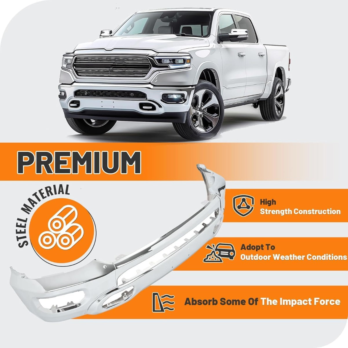 KUAFU Front Bumper Face Bar Compatible with 2019-2024 Dodge Ram 1500 W/Fog Lights & Sensor Holes, Hooks CH1002407, 5ZB88SZ0AD Steel Chrome Silvery Replacement Only 3PCS