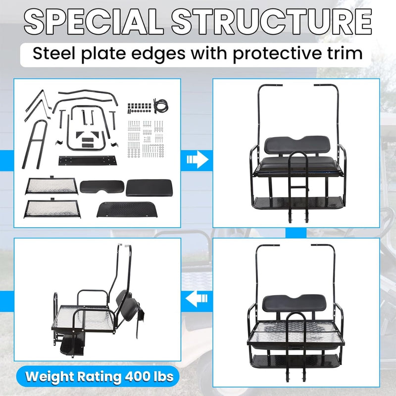 KUAFU Black Rear Flip Back Seat Compatible with 1982-2000.5 Club Car DS Model Golf Cart 1102 LBS Weight Capacity Heavy Duty Steel Frame Flip Folding Rear Back Seat Kit LYA-100
