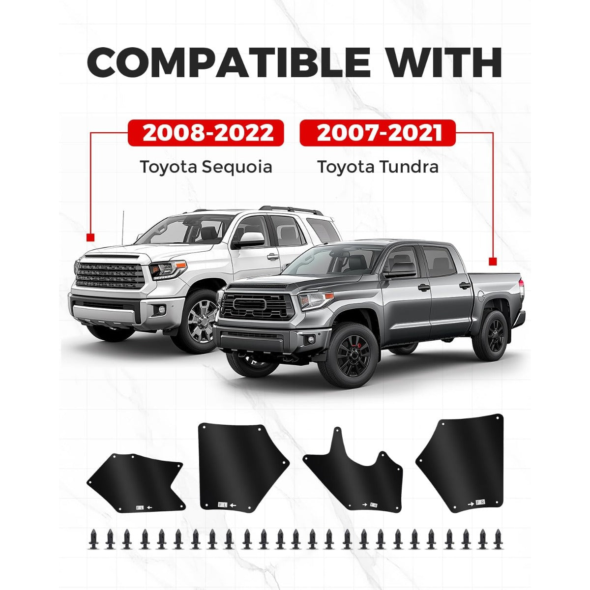Front Splash Guards Fender Liner Shields w/Clips for 2007-2022 Toyota Tundra Sequoia Replace for Apron Seal Mud Flaps Mudflaps Mudguards 4Pcs