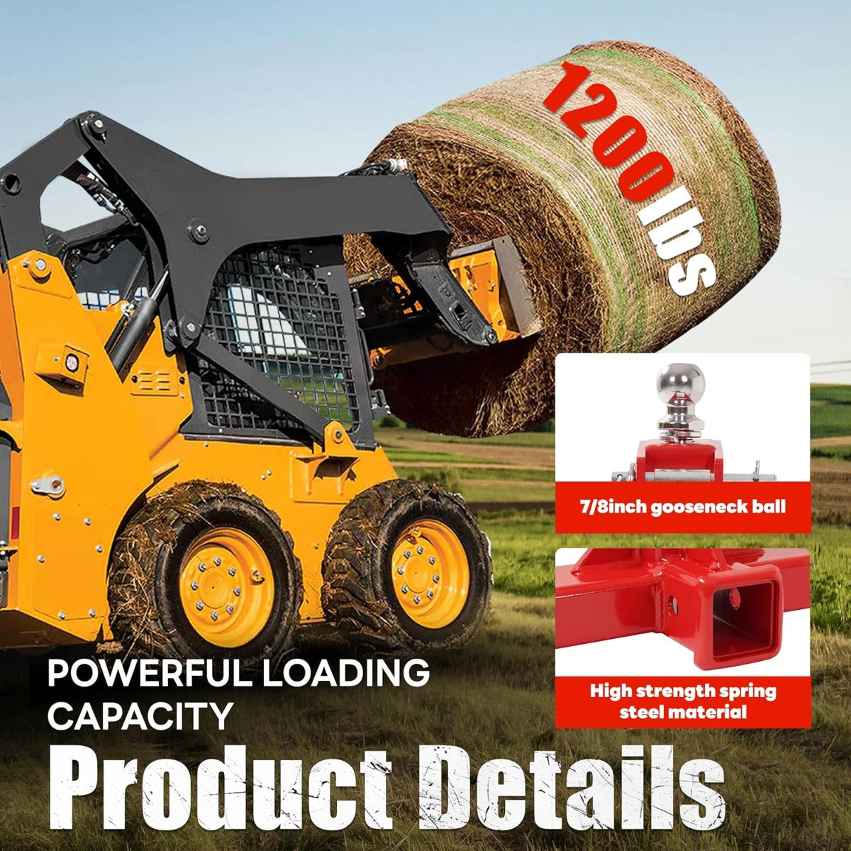 47 Inches 3 Point Hitch Adapter & Hay Bale Spear Fit for Category 1 Tractors W/2 Stabilizers Bale Spear 2 Inches Receiver Loading 1-7/8 Inches Gooseneck Ball Drawbar Hay Quick Hitch Attachment-Red 1200 LBS