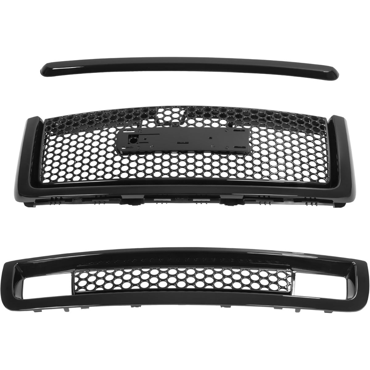 Front Upper Grille & Lower Grill & Molding Compatible with 2007-2013 GMC Sierra 1500 Denali Front Bumper Center Hood Grill Painted Gloss Black 3PCS