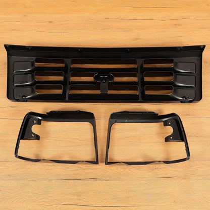 Front Grille & Headlight Bezel Compatible with 1992-1997 Ford Bronco F-150 F-250 HD F-350 Replacement for FO1200172 FO2512131 FO2513135 Painted Black