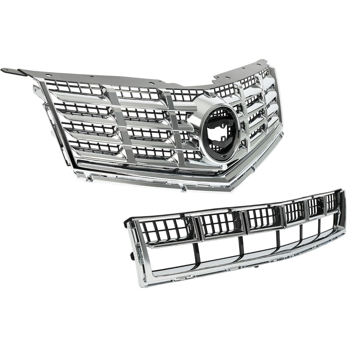 Front Bumper Upper & Lower Grille Kit Compatible with 2013-2016 Cadillac SRX Plastic Chrome Silvery Black Replacement for 22738992+22739004