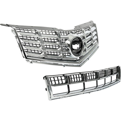 Front Bumper Upper & Lower Grille Kit Compatible with 2013-2016 Cadillac SRX Plastic Chrome Silvery Black Replacement for 22738992+22739004