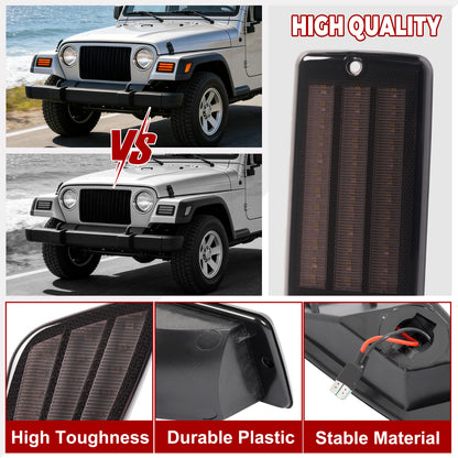 HECASA Pair LED Turn Signal and Side Marker Light Compatible with 1997-2006 Jeep Wrangler TJ Smoke Lens Plastic Front Bumper Signal Fender Light 4 Pieces