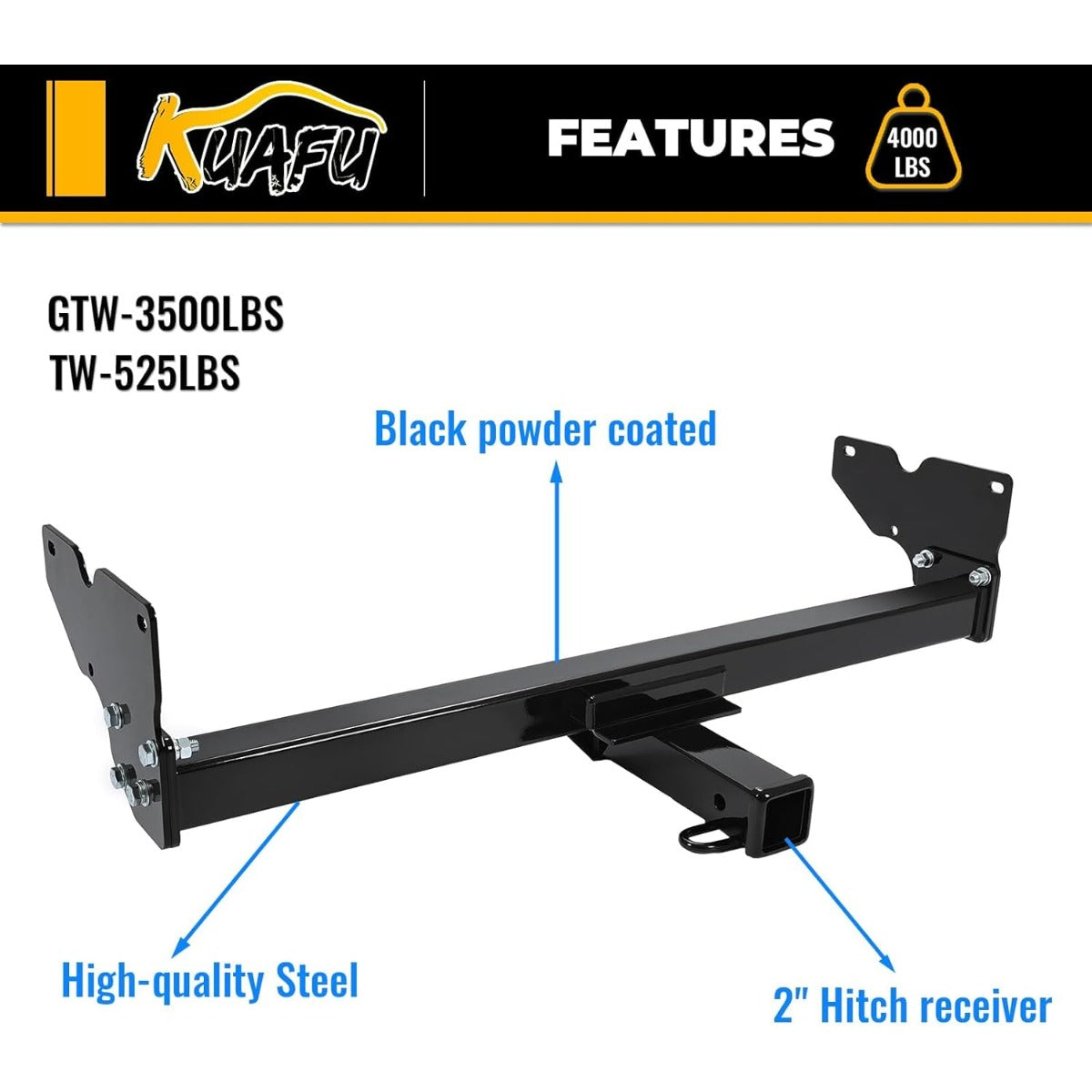 2-Inch Receiver Class 3 Trailer Hitch Compatible with 2018-2024 Volkswagen Tiguan All Black Towing Hitch Receiver