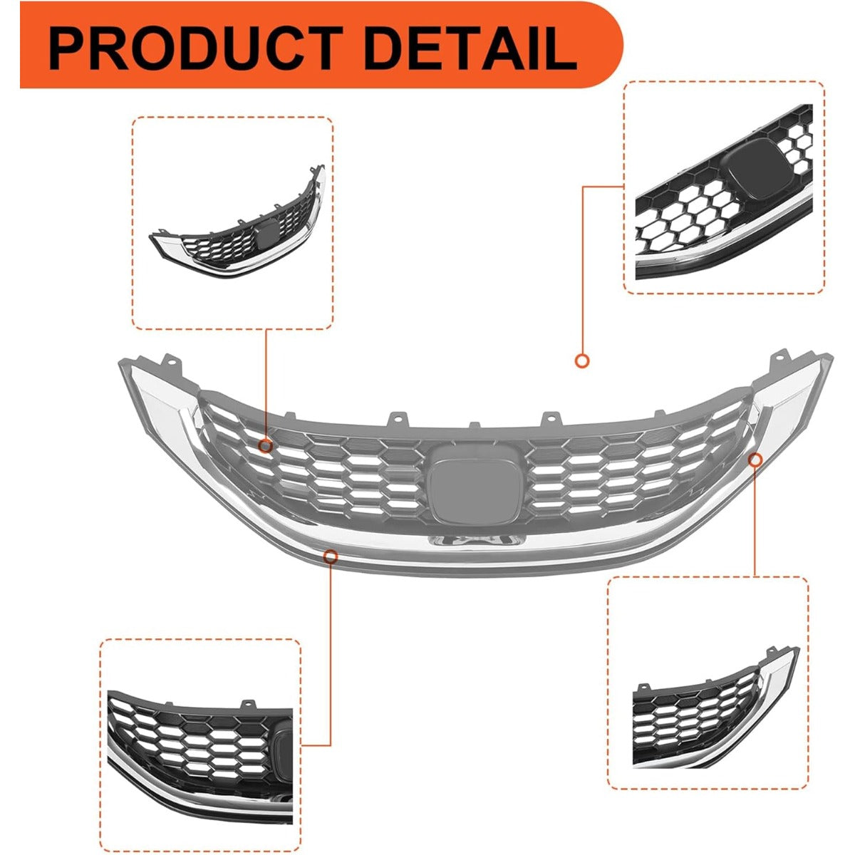 Front Grill Compatible with 2013 2014 2015 Honda Civic Sedan HO1200216 HO1202109 71121TR3A01 71122TR3A01 Front Bumper Hood Grille W/Chrome Molding