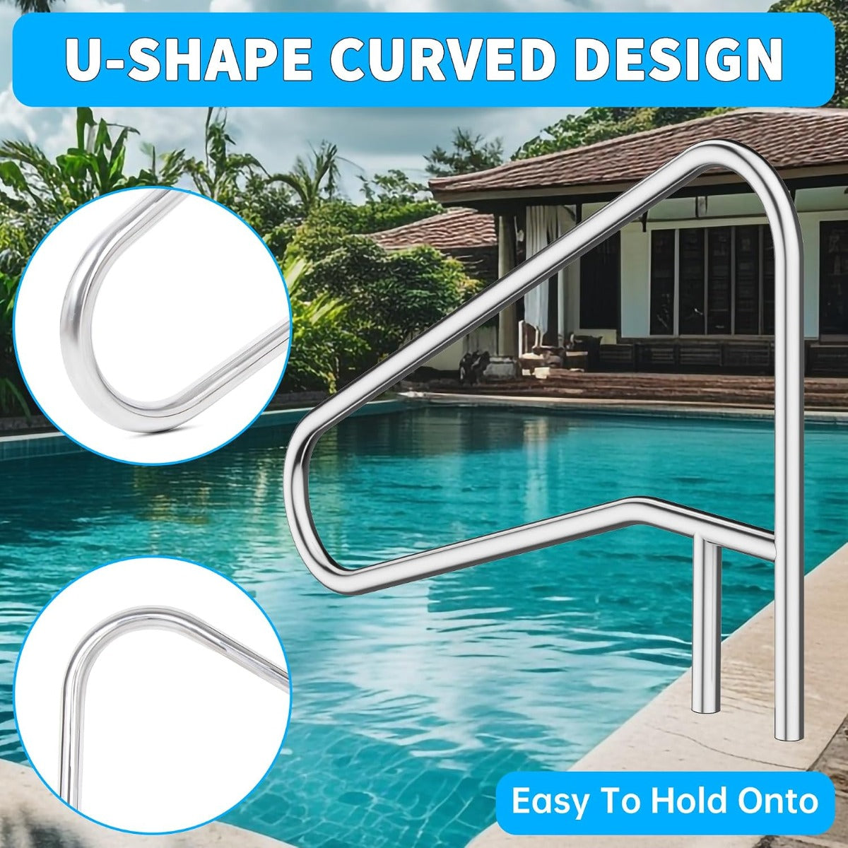 ECOTRIC Pool Handrail Swimming Pool Stair Rail 49-3/8"X35-3/8 304 Stainless | Steel Deck Mounted Cross Brace 300Lbs Load Capacity